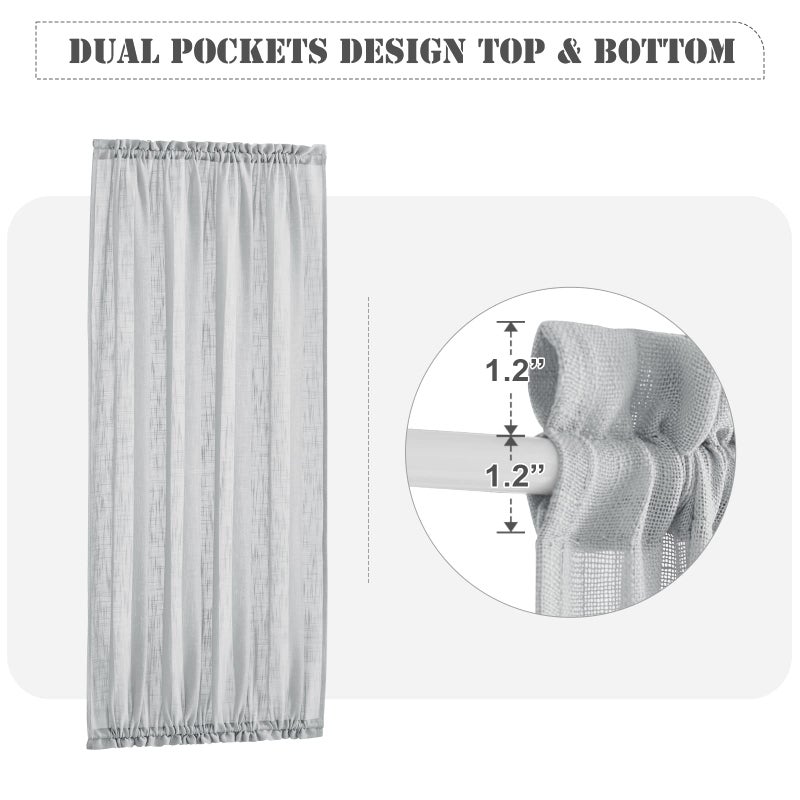 PONY DANCE Window Curtain - 30 x 72 in Light Grey Sidelight Sheer Panel for Door - Light Filter French Blinds With Top and Bottom Rod Pocket Voile for Glass, 1 Panel - Image 2